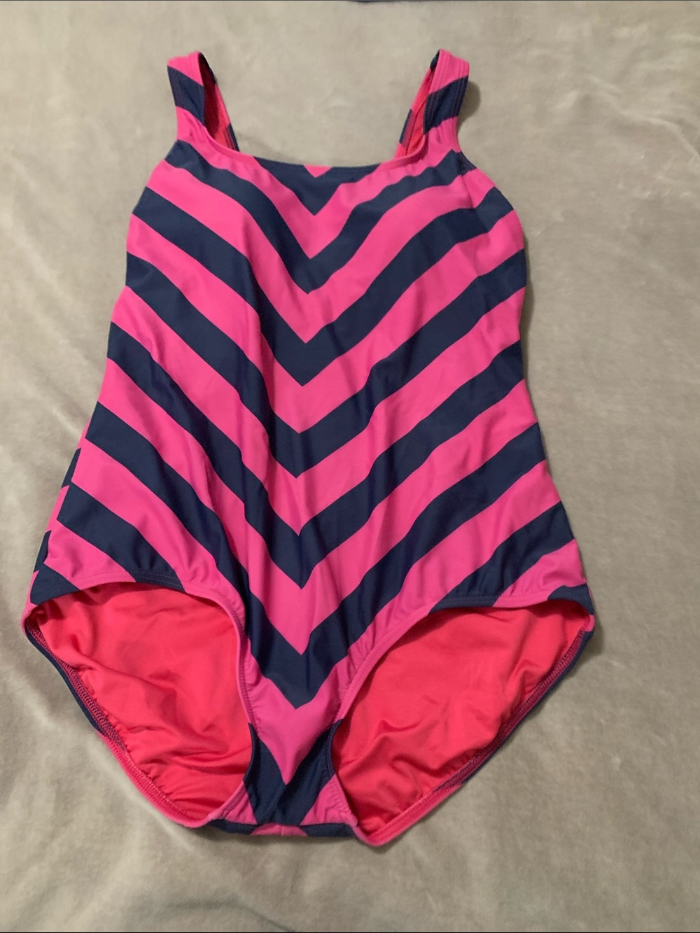 Lands' End Pink and Navy Chevron One-Piece Swim Suit
